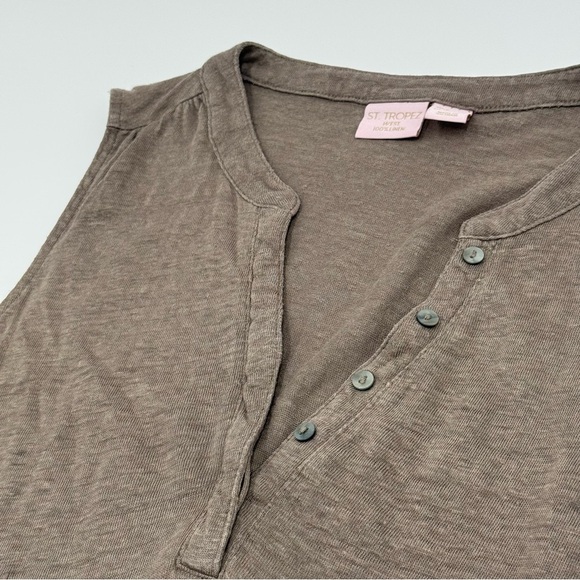 St. Tropez Brown Fitted 100% Linen Buttoned Tank Top with Mandarin Collar Small - Picture 5 of 11